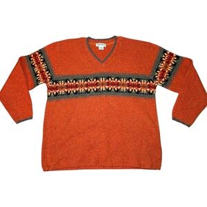 Vintage Eddie Bauer Wool V-Neck Sweater Orange & Black Men's M. FLAW
